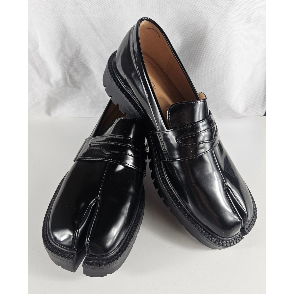 Raboesy Womens Mens Tabi Split Toe Penny Loafers Black Patent Chunky Heel Sz 44